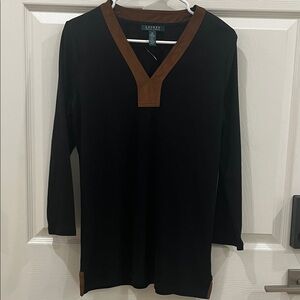 Lauren Ralph Lauren Tunic Top Featuring Brown Rim Neckline Women Size M